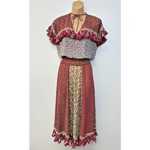 DIANE FREIS Georgette Vintage Festival Boho Country Patchwork Floral Dress M/L